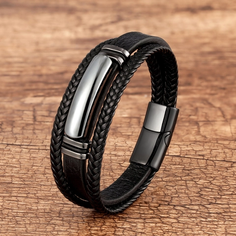 Multi Layer Woven Leather Bracelet Natural Stone Agate Tiger Eye Stainless Steel Magnetic Clasp Punk Retro Jewelry For Men