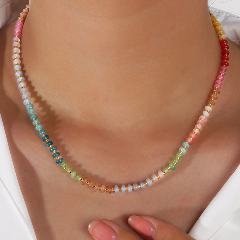 Boho Perlenkette Bunte Naturstein Kristall Farbverlauf Glasperlen Verstellbar Elegant Sommer Schmuck Für Damen