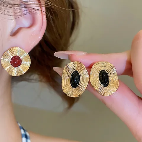 Pendientes De Botón Vintage Redondos Ovales Aleación Textura Espiral Centro Resina Poste De Plata Estilo Corte Joyería Mujer
