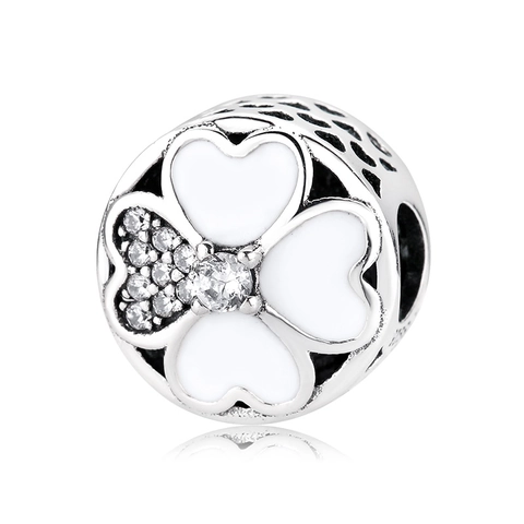 925 Sterlingsilber Vierblättriges Kleeblatt Charm Emaille Strass Hohl Herz Perle Für DIY Armband Schmuckzubehör Geschenk Damen