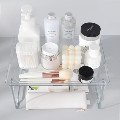 Desktop Storage Rack Transparent Acrylic Multi Tier Foldable Shelf Metal Legs Organizer For Office Kitchen Vanity