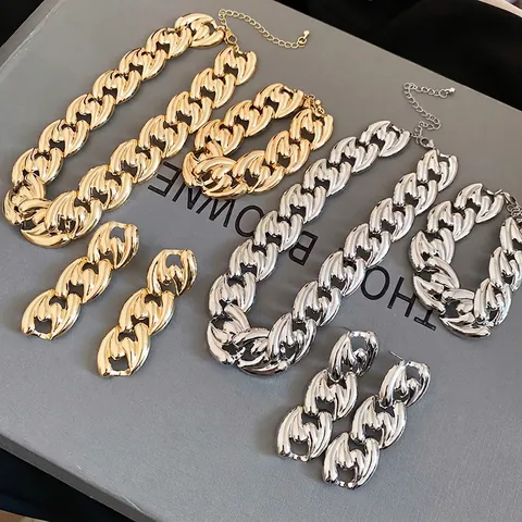 Collana Bracciale E Orecchini A Catena Spessa Con Perno In Argento Lega Di Ferro Maglia Grossa Stile Industriale Donne