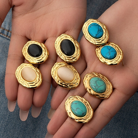 Vintage Ovale Geometrische Ohrstecker Edelstahl 18K Vergoldet Naturstein Türkis Schwarzer Achat Für Damen