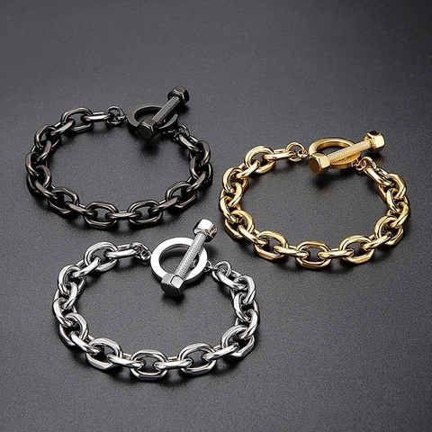 Pulsera De Acero Inoxidable Para Hombre Cadena De Eslabones Gruesos Estilo Punk Industrial Con Cierre De Barra Mancuerna