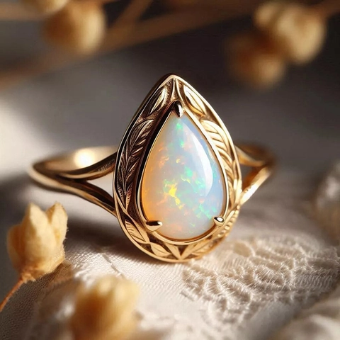 Vintage Water Drop Imitation Opal Ring Brass Hollow Leaf Vine Texture Split Shank Bohemian Victorian Jewelry For Women