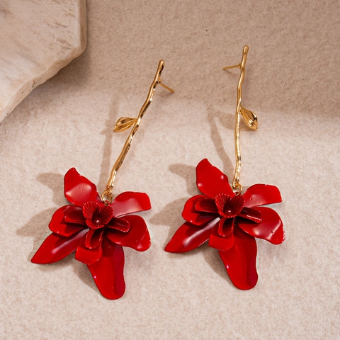 Orecchini Lunghi Pendenti Floreali Fiore Dipinto Rosso Foglia Lega Di Metallo Con Perno In Argento Sterling 925 Retro