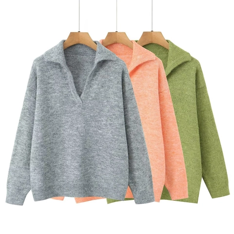 Maglione Da Donna In Maglia Di Poliestere Colletto Polo A Revers Scollo A V Maniche Lunghe Vestibilità Ampia Tinta Unita Moda Casual
