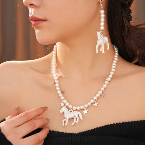 Künstliche Perle Sintetiche Lega Cavallo Stella Pendente Collana E Orecchini Gioielli Con Perno In Argento Elegante