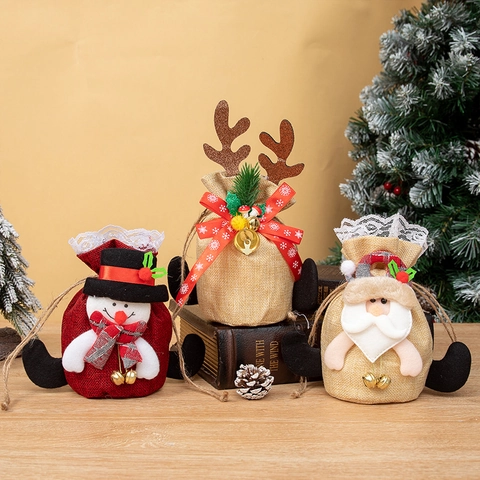Christmas Gift Bags Linen Drawstring Candy Apple Packaging Santa Reindeer Snowman Festive Lace Bell Decor