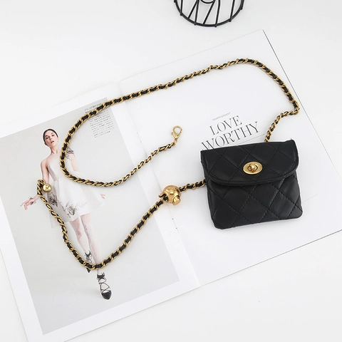 Quilted Rhombus Mini Waist Bag With Gold Chain Belt And Adjustable Metal Ball For Women Lightweight Fashion Accessory