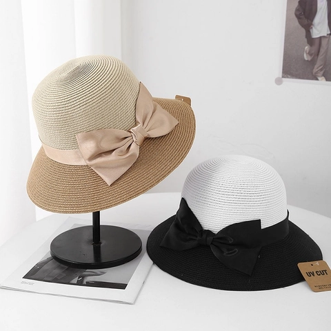 Cappello Da Sole In Paglia Elegante Donna Tesa Larga Blocchi Di Colore Fiocco Satin Protezione UV Estate Spiaggia Viaggio