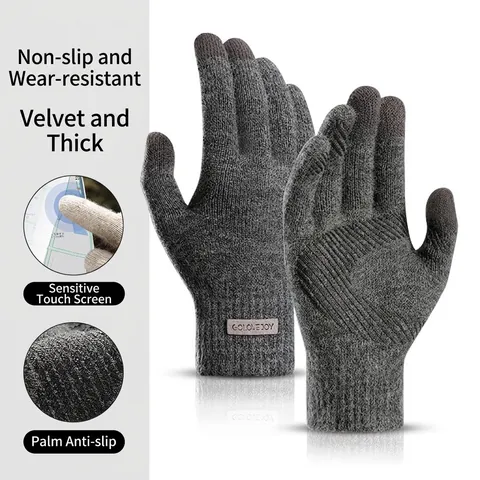 GOLOVEJOY Men Winter Warm Knit Gloves Acrylic Touchscreen Anti-slip Thermal Fleece Lined Mittens For Outdoor Cycling Commuting