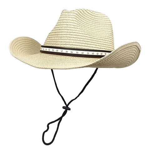 Sombrero De Vaquero De Paja Para Mujer Estilo Western Banda De Estrellas Cuerda Resistente Al Viento Ajustable Ala Ancha Verano