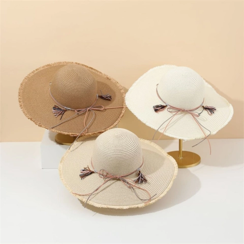 Wide Brim Straw Hat For Women Summer Beach Sun Protection Woven Bow Decor Fringed Edge Breathable Vacation