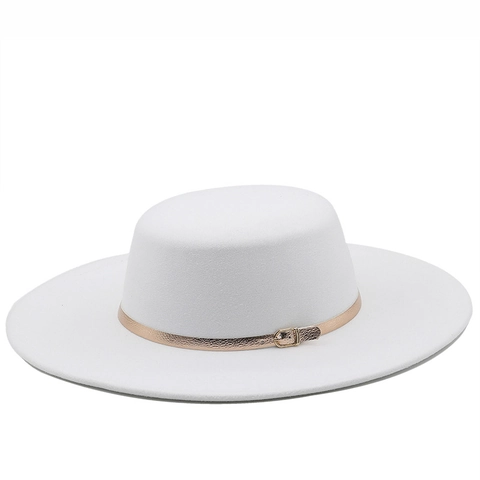 Flat Top Wide Brim Fedora Hat Vintage Felt Bolero Boater Style With Decorative Buckle Belt For Women Men