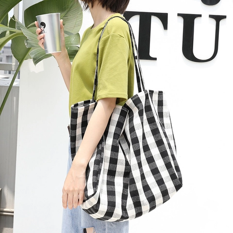 Canvas Tote Bag Large Capacity Grid Stripe Pattern Casual Shoulder Handbag Korean Style Shopping For Women