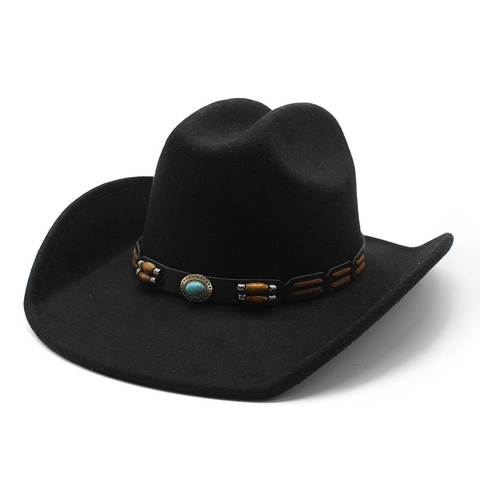 Chapeau De Cow-Boy Western Fedora En Feutre À Bord Large Bande De Perles En Bois Turquoise Ethnique Unisexe