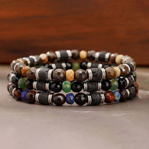 Natural Stone Beaded Bracelet Faceted Lapis Lazuli Lava Rock Stainless Steel Waterproof Jewelry For Men Minimalist