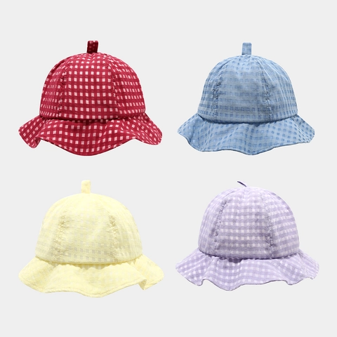 Cappello a Secchiello per Bambini in Cotone a Quadretti Traspirante Bordo a Onde Protezione Solare per Estate Dolce