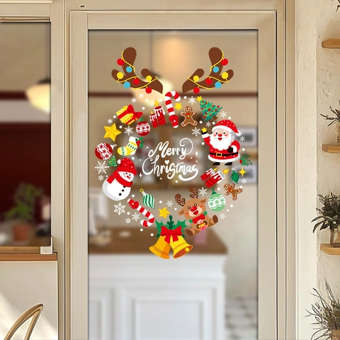 Christmas Window Stickers PVC Static Clings Santa Claus Reindeer Snowman Wreath Double Sided Glass Door New Year Decor