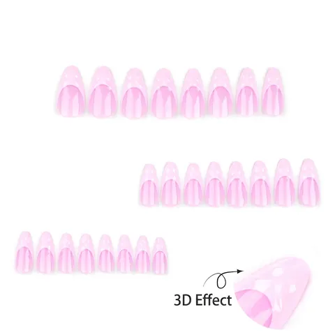 Faux Ongles À Presser Rose Style Français Texture Ondulée En Relief 3D Brillants Forme Amande Ongles Amovibles Pour Femmes