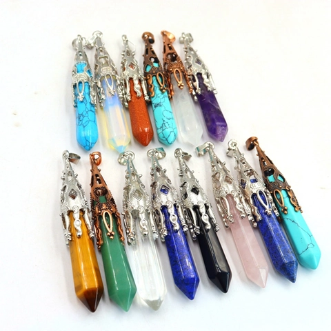 Hexagonal Crystal Point Pendant Natural Stone Alloy Ornate Hollow Cap Vintage Jewelry Making Accessories For Women Men