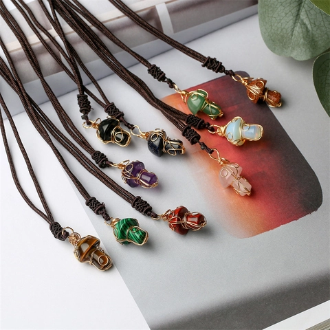 Mushroom Pendant Necklace Natural Crystal Stone Handmade Wire Wrapped Braided Rope Adjustable Vintage Jewelry Women Men