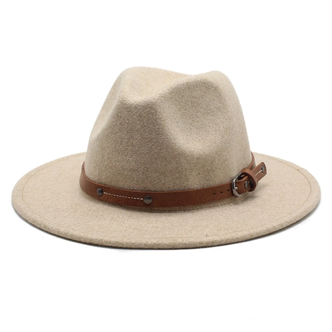 Vintage Wool Felt Fedora Hat Wide Flat Brim With Leather Band Rivets Retro Jazz Panama Cap For Men Women