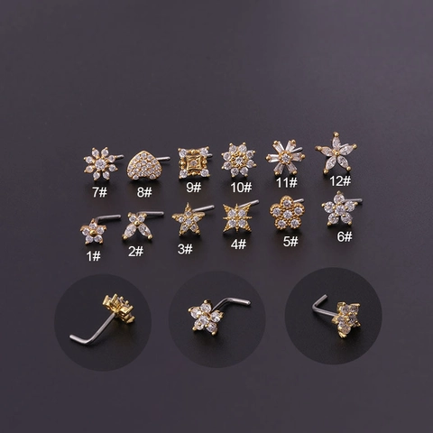 L-Shaped Nose Studs Stainless Steel Copper Cubic Zirconia Body Piercing Jewelry Flower Heart Star Styles For Women
