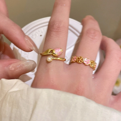 Anillos De Flores Para Mujer Chapado En Oro 18K Cobre Esmalte Rosa Tulipán Ajustable Abierto Circonita Perla Artificial Joyería