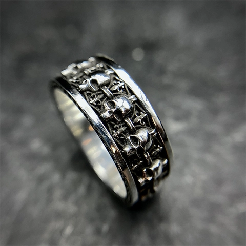 Vintage Schedel Ring Gothic Punk Stijl Koper Metaal Reliëf Kruis Verstelbaar Open Brede Band Sieraden Voor Heren Dames