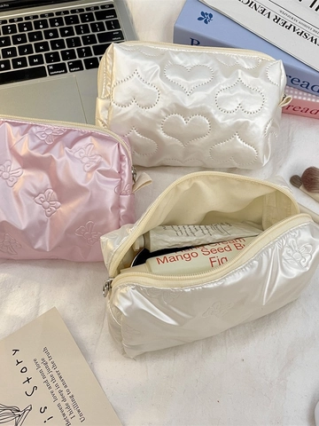 Bolsa De Cosméticos Acolchada Corazón Lazo Cuero PU Gran Capacidad Neceser De Viaje Organizador De Aseo Para Mujeres