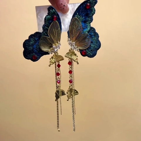 Boucles D'oreilles Pendantes Papillon Brodé Avec Tige En Argent Strass Vintage Nouveau Style Chinois Pour Femmes