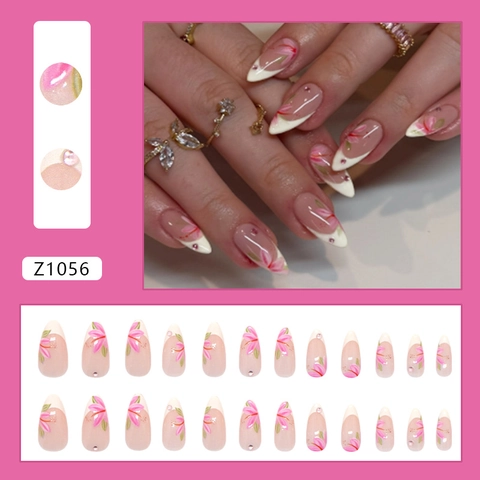 Künstliche Nägel Lang Mandel Stiletto Französisch Weiße Lilie Blume Rosa Strass Künstliche Falsche Nägel ABS Kunststoff Elegant Frauen