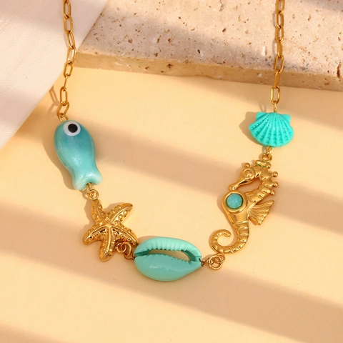 Collar Colgante Tema Océano Acero Inoxidable Chapado En Oro 18K Caballito De Mar Estrella De Mar Joyería De Playa Para Mujeres