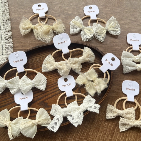 Sweet Lace Bow Hair Ties For Women Kids Cream White Mesh Ribbon Ponytail Holders Pearl Embellished Handmade Elastic Hair Bands Accessories