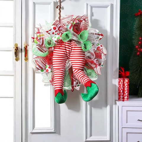 Corona De Piernas De Elfo De Navidad Guirnalda De Cinta De Malla Decoración De Pared De Puerta Adorno Rayado