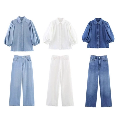 Completo Camicia Polo In Denim E Pantaloni A Gamba Larga Vita Alta Manica A Sbuffo Casual Streetwear Blu Bianco
