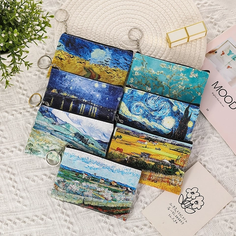 Impressionniste Peinture À L'Huile Impression D'Art Porte Monnaie Cuir PU Porte Clés Portefeuille Fermeture Éclair Petit Sac