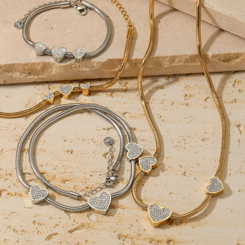 Gioielli In Acciaio Inossidabile Con Ciondolo A Cuore Collana E Bracciale A Catena Serpente Con Strass Per Donne Moda