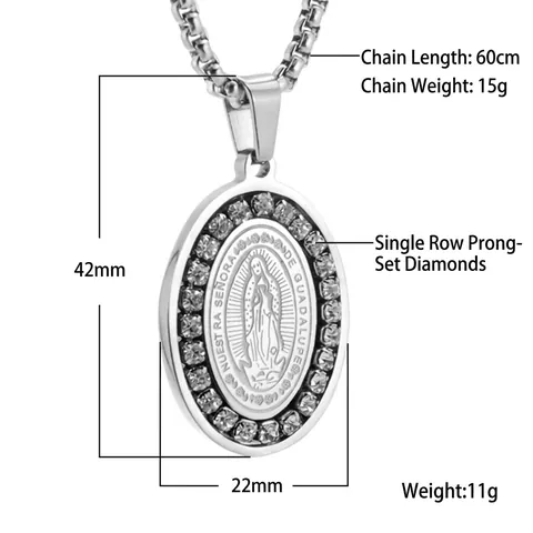 Collier Pendentif Notre Dame De Guadalupe En Acier Inoxydable Strass Religieux Ovale Bijoux Vintage Pour Femmes Et Hommes