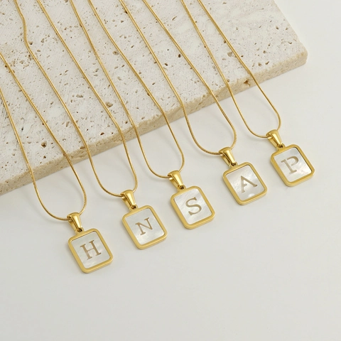 Hanger Ketting Roestvrij Staal 18K Verguld Witte Schelp Rechthoekige Holle Letter Initiaal Slangenketting Sieraden Voor Dames