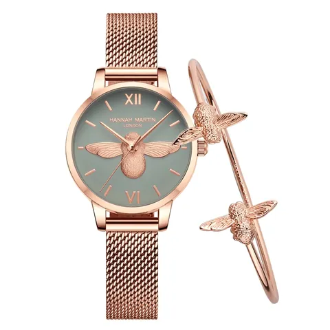 Elegante Orologio al Quarzo da Donna con Rilievo Ape 3D Cinturino in Maglia Acciaio Inossidabile Orologio Vintage Numeri Romani
