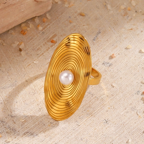 Stainless Steel Artificial Pearl Ring Gold Plated Oval Concentric Wave Texture Statement Jewelry For Women Adjustable Fashion