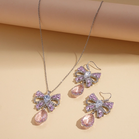 Copper Zircon Bowknot Necklace And Earrings Pink Water Drop Pendant Elegant Sweet Jewelry Gift For Her Aesthetic Accessories