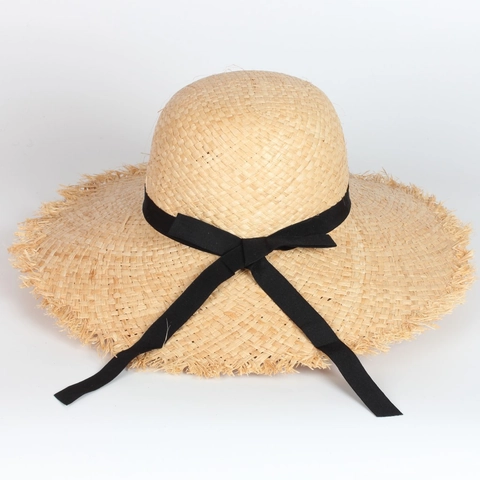 Raffia Straw Hat Wide Brim Sun Shade Beach Sunhat With Fringed Edge And Black Ribbon Bow For Women Foldable Vacation