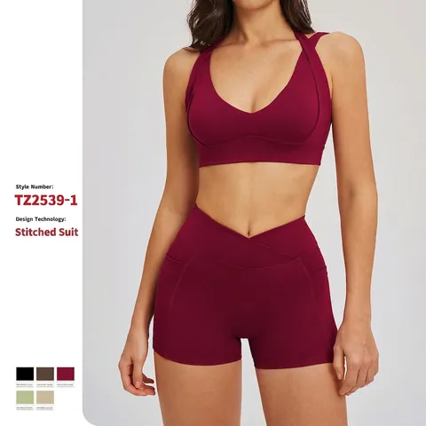 Naked Feel Yoga Outfits Voor Dames V Hals Halter Sportbeha Crossover Hoge Taille Biker Shorts Met Zijzakken