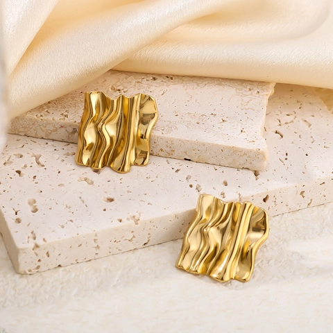 Square Stud Earrings 18K Gold Plated Stainless Steel Water Ripple Texture Lava Geometric Minimalist Jewelry For Women