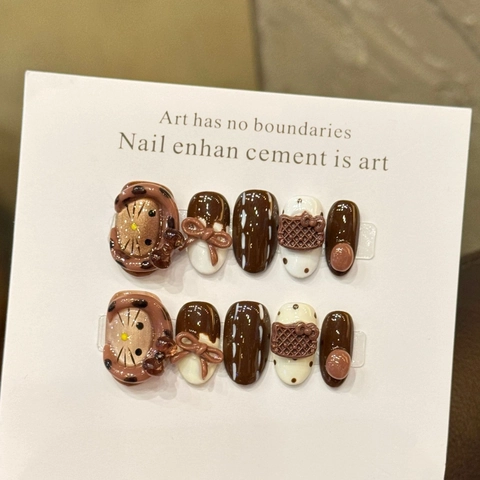Handmade Press On Nails 3D Bows Waffle Chocolate Theme Short Oval Shape Glossy Fake Nails Sweet Cute For Women