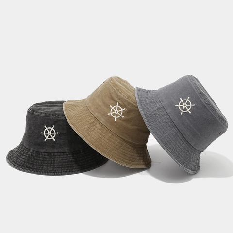 Washed Cotton Bucket Hat With Helm Embroidery Retro Outdoor Sun Protection Leisure Fisherman Cap For Men Women